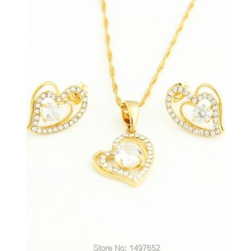 Hot selling Fashion Jewelry . Gold Color Zircon Crystal Heart Pendant Necklace Earrings jewelry sets For Women