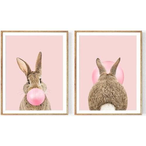 Rabbit Bubble Gum Art Poster Prints Blue Pink Nursery Wall Art Canvas Paintings Wall Picture Baby Animals Bunny Nursery Decor