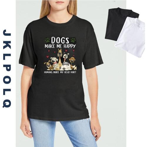 JKLPOLQ Summer Womens Cotton T shirt Dogs Make Me Happy Humans Make My Head Hurt Short Sleeve TShirt Print Tops