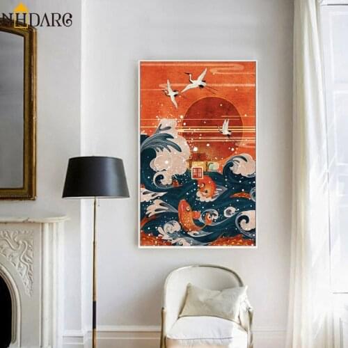 Canvas Art Print Painting Poster Japanese Style Landscape Painting Wave Crane Red Sun Wall Pictures for Living Room Home Decor