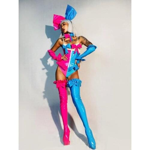 Leggings Gloves Headdress Outfit Dance Team Show Stage Wear Pink Blue Splicing Bodysuit