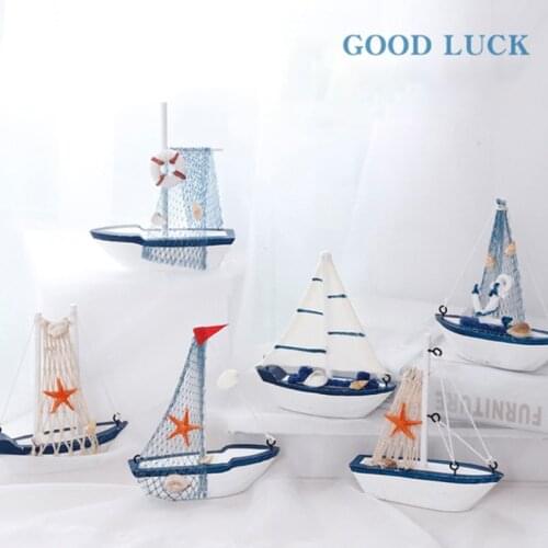 Sailboat Model Wooden Sailing Boat Home Decoration Beach Nautical Design Navy