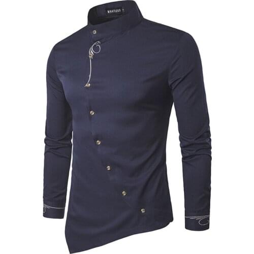 Hot New Mens Hipster Long Sleeve Embroidery Shirt Personality Oblique Button Irregular Casual Dress Shirt Men Tuxedo Shirts