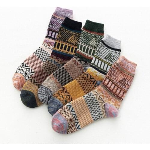5 pairs/set Women Men Short Socks Fish Pattern Stripes Geometric Wool Winter Spring Autumn Thick Warm Vintage Ethnic Socks Gift