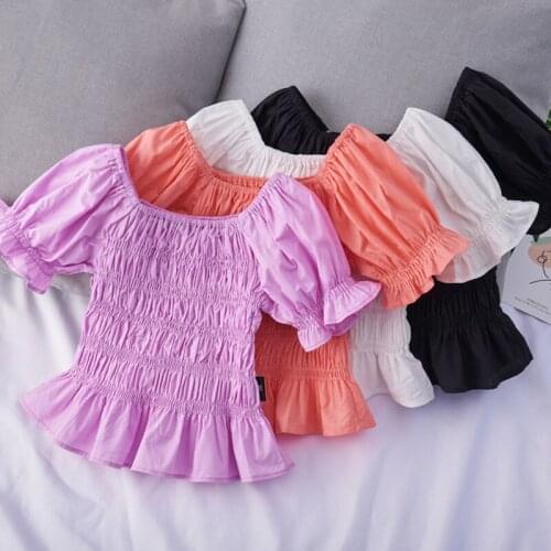 2021 New Summer 2-6 Years Girls T Shirts Puff Sleeve Elastic Pleated Kids Girl Tops Korean Style Children t shirt