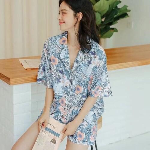 Summer New Ice Silk Short-sleeved Shorts Pajamas for Women Loose Large Size Lapel Print Satin Two Piece Set Casual Home Clothing