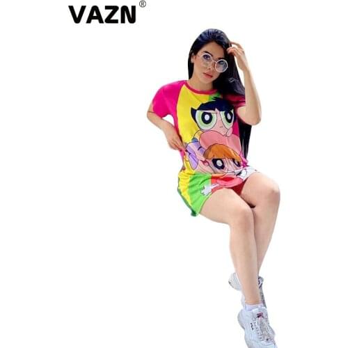 VAZN 2020 New Summer O-neck Cartoon Short Sleeve Dress New Fashion Women Sexy Boho Beach Style Vestidos For Female