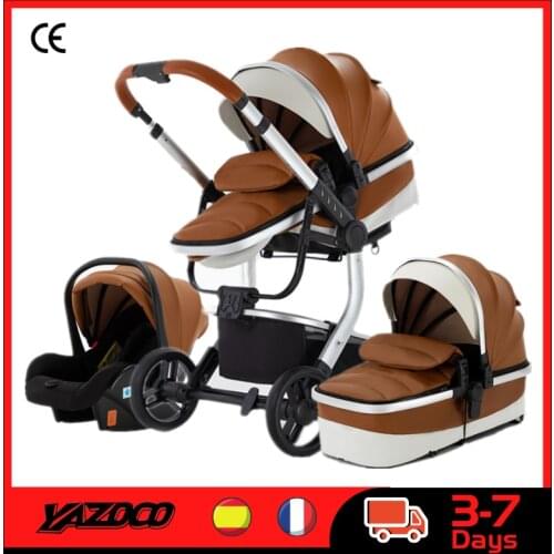 Luxurious Baby Stroller 3 in 1 Portable Baby Carriage PU leather Aluminum Frame Rubber Wheel High Landscape Newborn Stroller