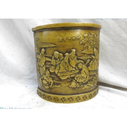 Fine brass Brush Pot China carved seven sages of the bamboo grove copper Statue