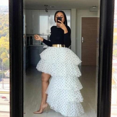 Ins Prom Gown Tiered Skirt Tulle Black Dot faldas White Tulle Skirt Elastic Band Hi Low Long Skirts Woman