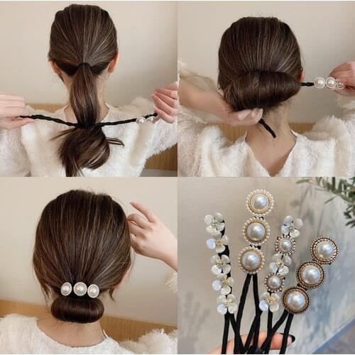 Elegant Fashion Flower Pearl Hairpin Bun Maker Twist Headband Lazy Hair Accessories Women Hairstyle Hair Stick Banquet For Party