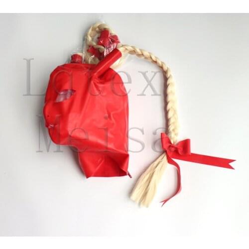 Womens Zentai latex hoods attached pigtails and open eyes nostrils and mouth in red color with back zip