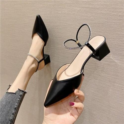 Women’s Summer Elegant Chunky Heel Rhinestones Sandals INS Fashion Mid Heel Casual Lady Ankle Strap Sandals Mules