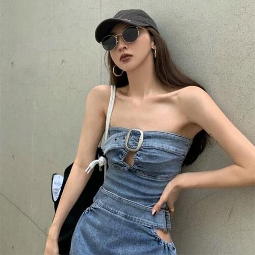 Retro Y2K Fashion Denim Dress Sets Womens Summer Sexy Hollow Out Wrapped Chest Tank Tops and A-line Mini Skirt Matching Sets