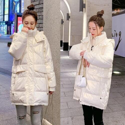 Mid-length down jacket women winter new style Korean loose casual hooded beige down jacket