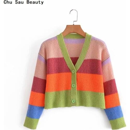New Womens Multicolor Stitching Striped Knitted Loose Cardigan Coat Autumn Fashion High Street Single-Breasted Sweater Jacket