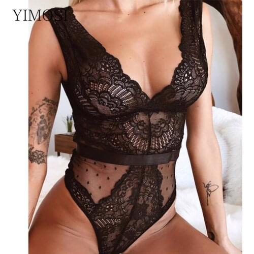 Women Lace Bodysuit 2021 Sexy Hollow Out Deep V Neck Bodycon Mesh Jumpsuit Summer Floral Embroidery Patchwork Bodysuits