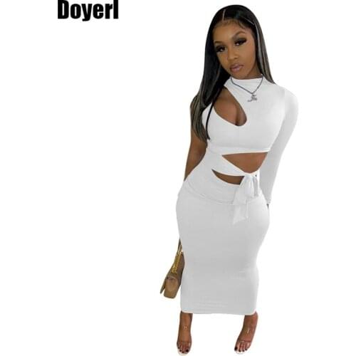 Cut Out Sexy Bandage Dress Women Clothing One Shoulder Long Sleeve Evening Midi Dress Elegant Night Party Club Bodycon Dress
