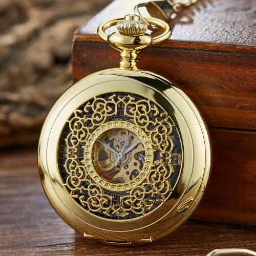 Golden Vintage Luminous Automatic Mechanical Carved Pocket Watch Steampunk Skeleton FOB Chain Hand Winding Hollow For Men Women