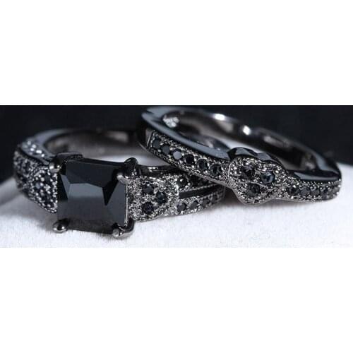 2Pcs/Set Punk Exquisite Luxury Black Square Heart Zircon Couple Engagement Ring For Men Women Lover Jewelry Gift High Quality
