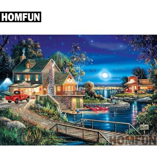 HOMFUN Full Square/Round Drill 5D DIY Diamond Painting "Moonlight & House" 3D Embroidery Cross Stitch 5D Home Decor A00873