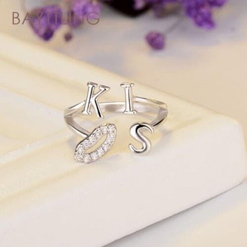 BAYTTLING New Shelves 925 Sterling Silver Shiny KISS Zircon Open Ring For Woman Charm Wedding Jewelry Gift