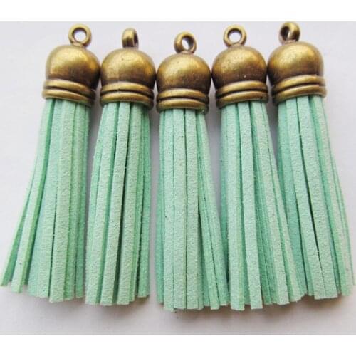 Free Shipping 100Pcs 59mm Mint Green Suede Leather Jewelry Tassel For Key Chains/ Cellphone Charms Top Plated End Caps Cord