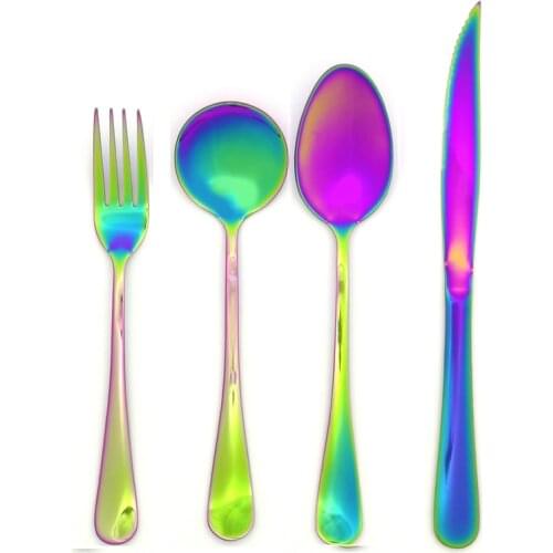 Stainless Steel Colorful Dinnerware Set Rainbow Color Dinner Steak Knife Christmas Fork Fancy Scoop Western Tableware 4pcs/set