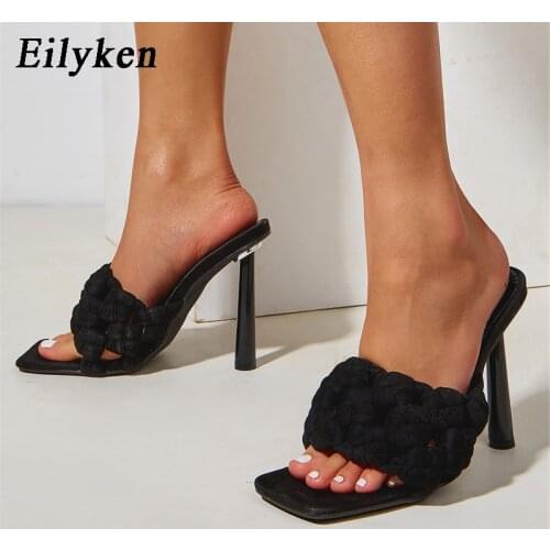 Eilyken Summer Women Slippers Sandals Stretch Fabric Weave Vintage Square Toe Mules Shoes Sexy High Heels Runway Party Pumps
