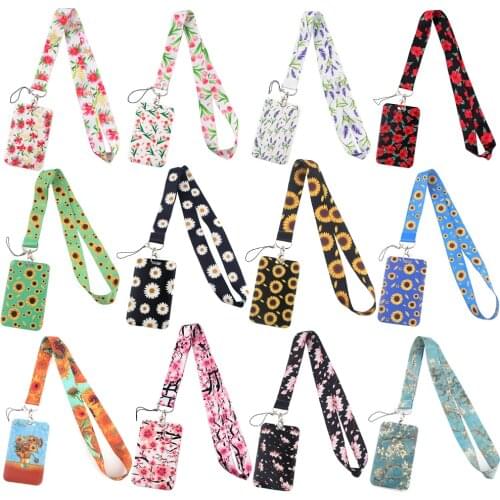 ER706 Flowers Series Cherry Blossom Daisy Sunflower Lanyard ID Badge Holder Gym Phone Straps USB Badge Holder DIY Hang Rope