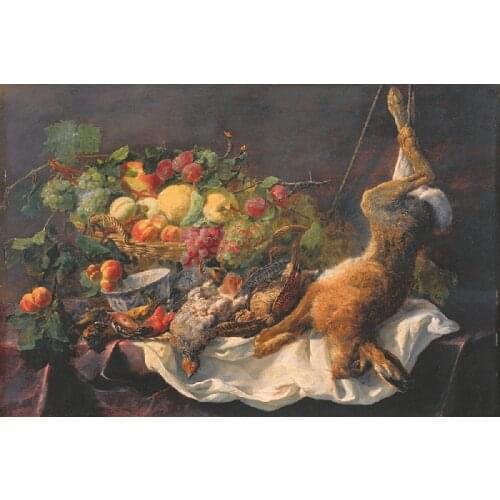 Classical oil painting canvas picture Food on the table Pheasant hare and Fresh fruits room decor canvas prints art