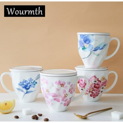 Bone China Coffee Mugs Office Water Cup Milk Black Tea cups With Lid Pretty Flowers Ceramic British Drinkware Creative Gift
