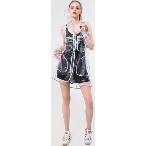 Fashion transparent plastic clear ladies waterproof women raincoat jacket hooded with one pocket for outdoor rain wear