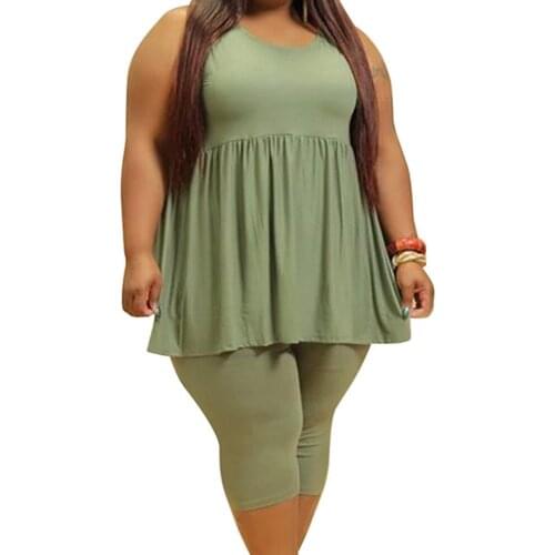 L-4XL Plus Size Pleated Sleeveless Big Swing Tops and Bodycon Mid Calf Pant for Women Fashion Casual Two Piece Matching Outfit