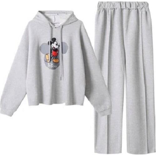 Disney Mickey Cartoon Fashion Loose Hoodie + Sports Wide Leg Pants Two-piece Show high Comfortable and high quality Set