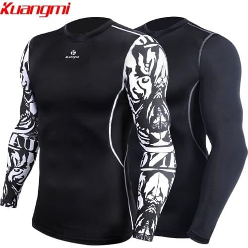 Kuangmi Men Gym Clothing Fitness Sportswear Compression Tight Shirt Sport Running Jogging Long Sleeve T-Shirt Quick Dry