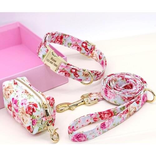Flower Dog Collar Leash Set Custom Small Medium Large Dog Pet Collars Floral Print Nylon Dog Collars with Treat Bag Snack Bag