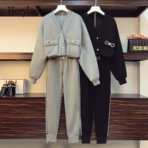 Plus size women autumn winter thick tracksuits for women diamond bow appliques long sleeve coats and long pant suits for women