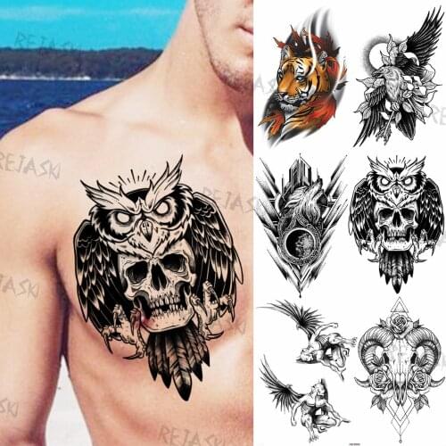 Realistic Owl Skull Temporary Tattoos For Men Women Adult Tiger Eagle Wolf Deer Fake Tattoo Sticker Wings Waterproof Tatoo Large