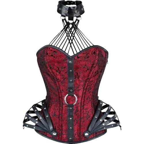 Overbust Sexy Women Steampunk Corset 11 Steel Bones Lace Up Gothic Clothing Faux Leather Halter Fancy Bodice Clubwear Bustiers