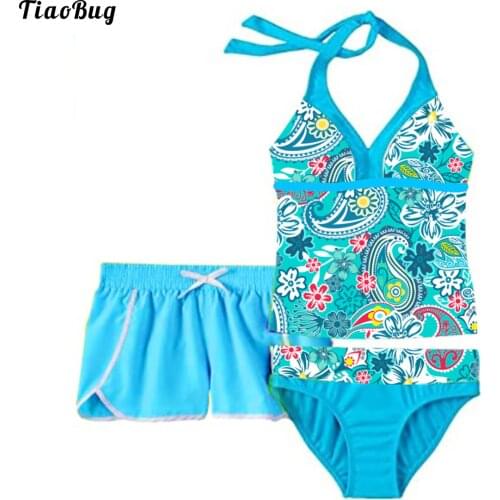 TiaoBug Summer 3Pcs Kids Girls Summer Flower Print Swimsuit Swimwear Halter Neck Straps Open Upper Back Top And Briefs Boyshorts