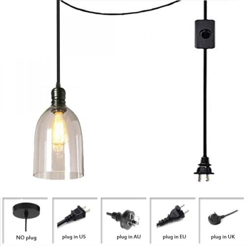 Plug In Pendant Lighting Fixture, Hanging Ceiling Lighting Fixture, Black Metal Lamp Holder with Clear Glass Lampshade