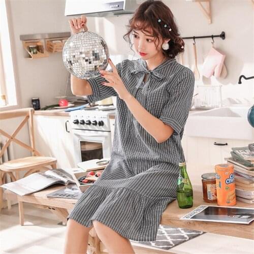 Skirt Nightwear striped spring and summer short-sleeved nightdress ladies bowknot cotton dress cute black simple style пижама