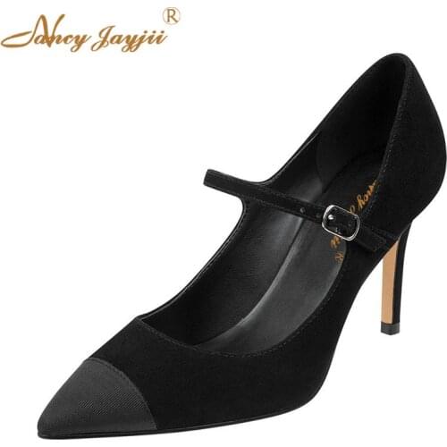 Silver Cap Toe Ladies Shoes Woman Pupms Black Solid Super High Thin heels Pointed Toe Buckle Strap Fashion Leisure Fashion 2019