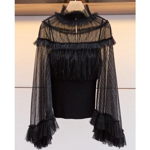 High End Socialite Lady Mesh Patchwork Lace Ruffles Sexy Kntited Top Women Sweater Spring Autumn Pull Femme Jersey Mujer