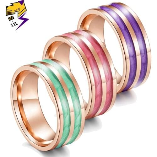 Romantic Pink Purple Green Enamel Ring Women Rose Gold Stainless Steel Wedding Bands Charm Rings Anniversary Gifts Jewelry