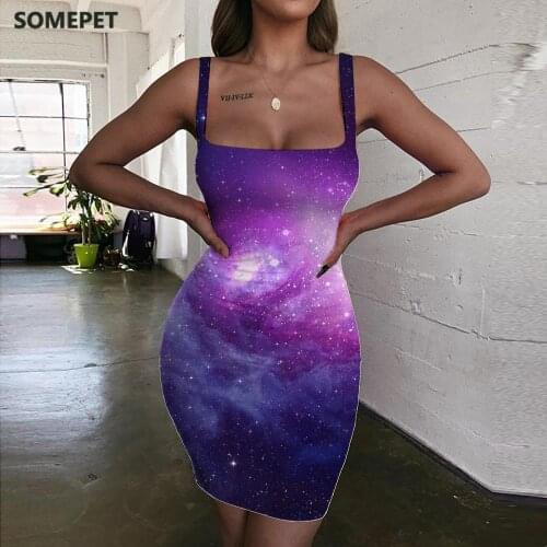 SOMEPET Galaxy Dresses Women Nebula Ladies Dresses Sky Bodycon Dress Purple Halter Sleeveless Womens Clothing Club Beach Boho