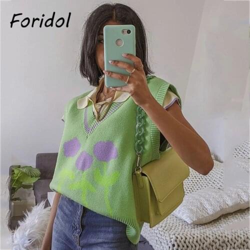 Foridol Floral Print Knitted Sleeveless Sweater Vest Spring Autumn V Neck Waistcoat Pullovers Green High Fashion Vintage Tops