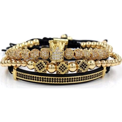 3 pcs/set cz beautify charm crown cz ball crescent with copper beads adjustable beaded bracelet woman girl birthday gift