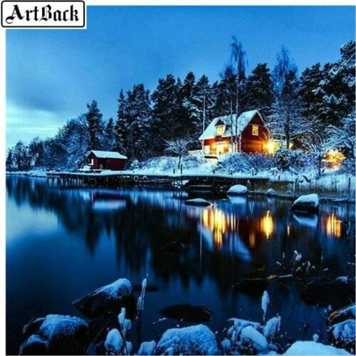 5d diamond painting winter landscape cedar lake full square & round diamond mosaic landscape 3d diy sticker home decoration